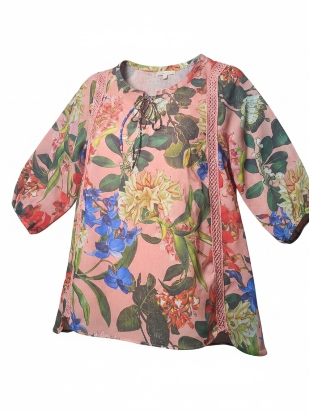 GIBSON LATIMER | Floral Boho Peasant Top Pink Crochet Lace Tie Neck Hi-Low | 1X
